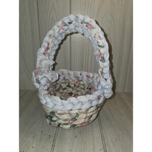 Vintage Hand Crafted Woven Knotted Cloth Basket Spring Easter Pastel Blue Pink